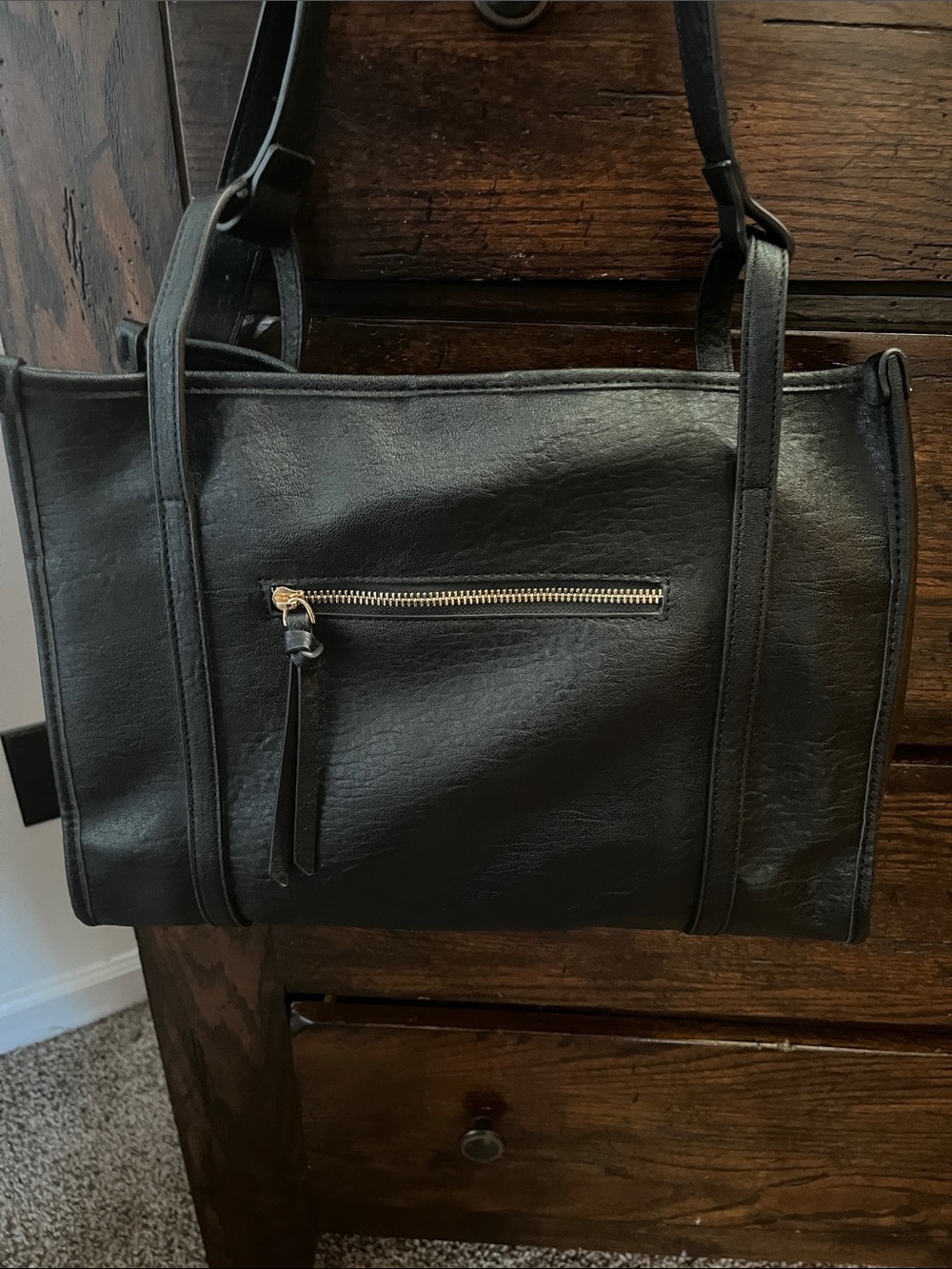 Classic Black Leather Tote Bag with Front Zip Pocket